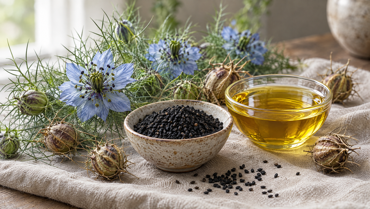 Nigella sativa flowers, black seeds and golden oil illustrating black seed oil benefits