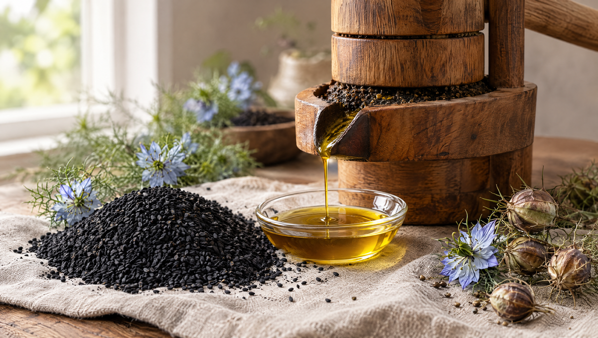 Cold pressed black seed oil process: Nigella sativa seeds beside a small wooden press and an amber glass bottle