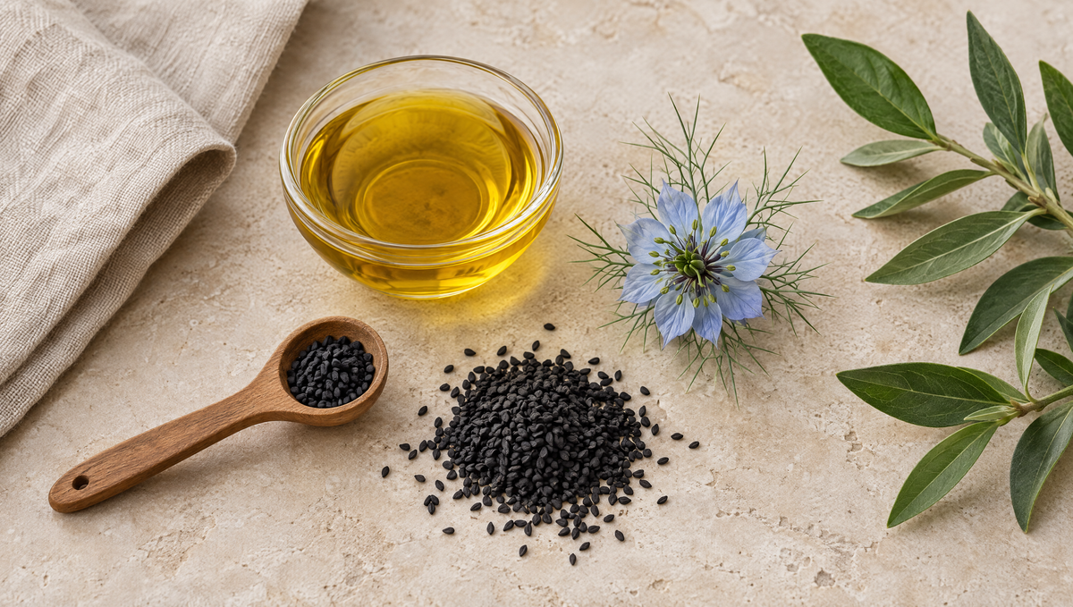 Black seed oil capsules beside a dish of liquid oil and Nigella sativa seeds