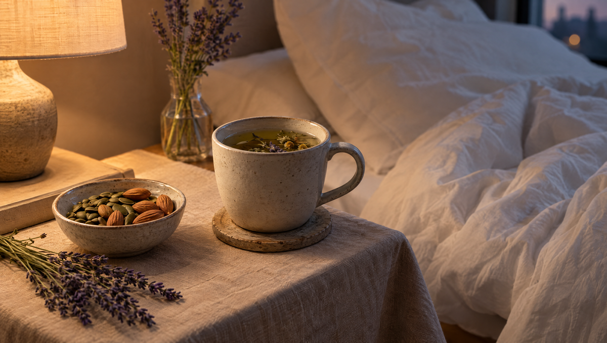 Calm bedside scene with herbal tea, nuts and seeds, illustrating magnesium for sleep
