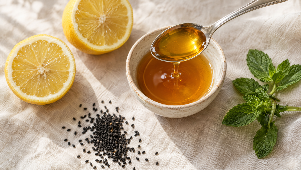 A teaspoon of black seed oil liquid over a bowl of honey with lemon halves and black seeds on linen