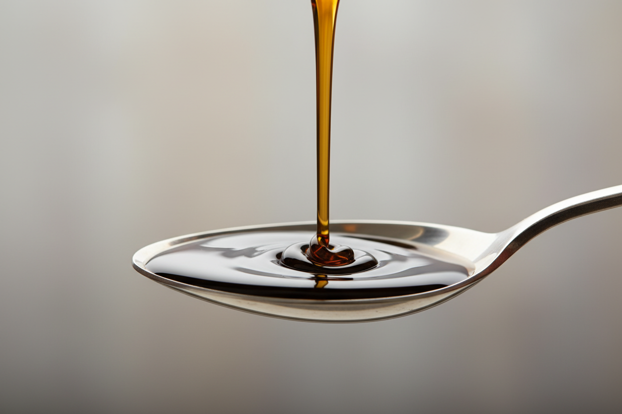 black seed oil flowing down to a spoon