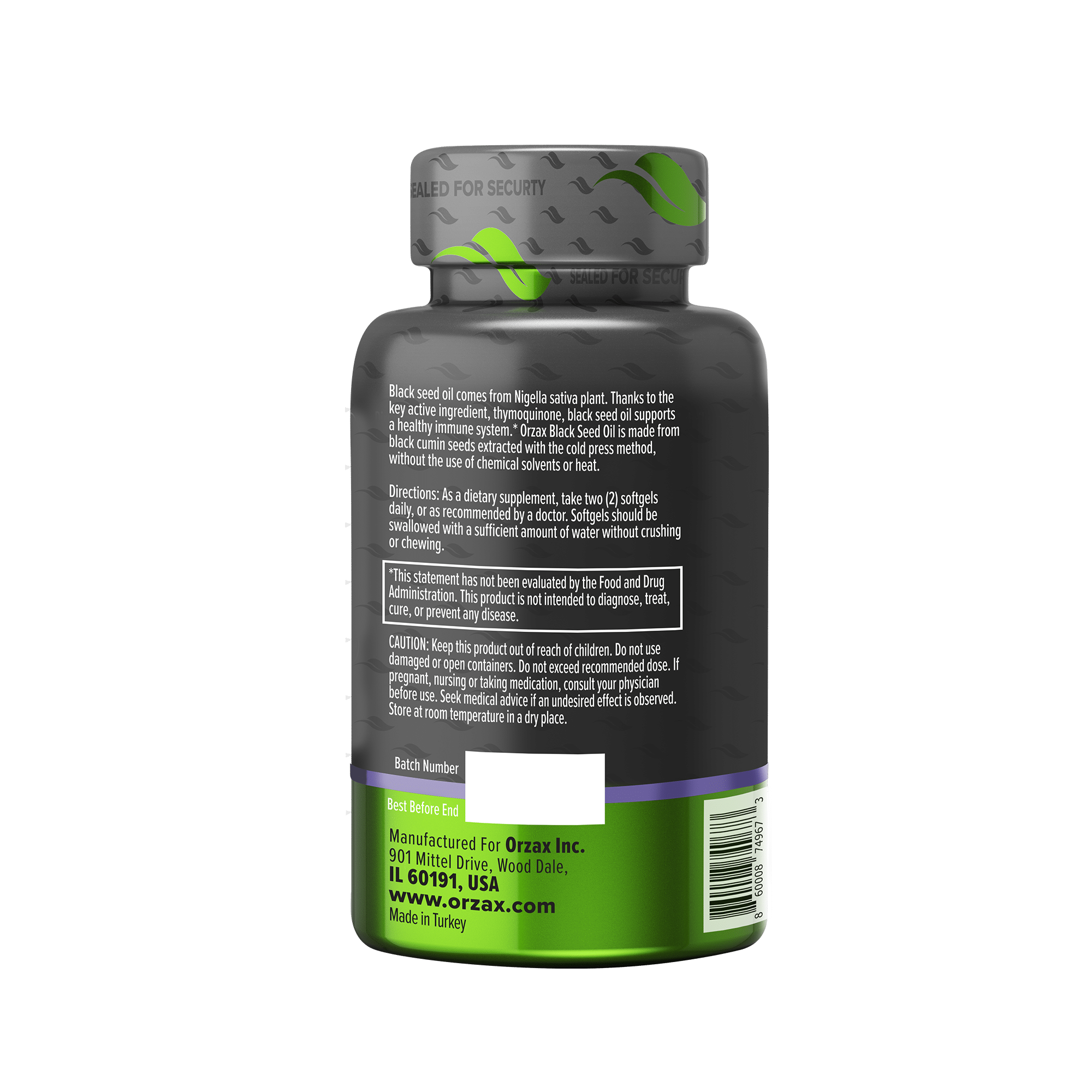 orzax black seed oil 500mg 90 capsules side render